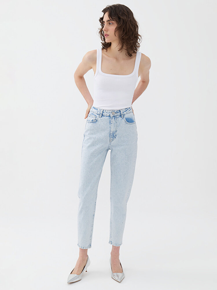 Parlak Taşlı Yüksek Bel Jean