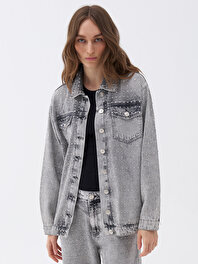 Oversize Taş Tasarımlı Jean Ceket