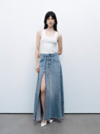 Yırtmaç Detaylı Maxi Denim Etek