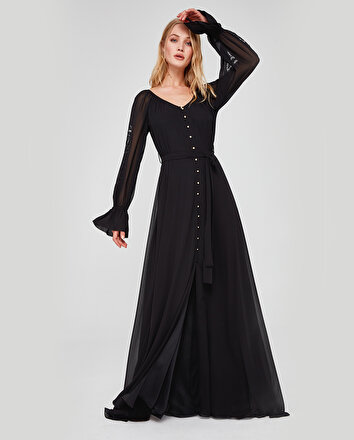 Kollari Nakisli Sifon Elbise Siyah Nocturne Giyim Online Shop