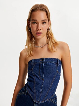 D z Yakal Kemerli Denim Crop Top