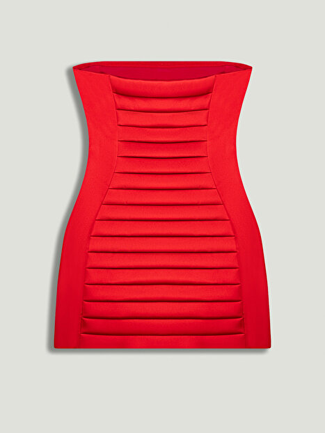 Plise Detaylı Straplez Mini Elbise