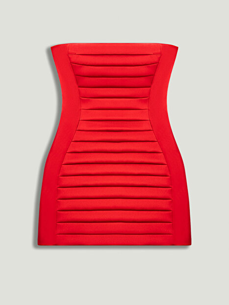 Plise Detaylı Straplez Mini Elbise