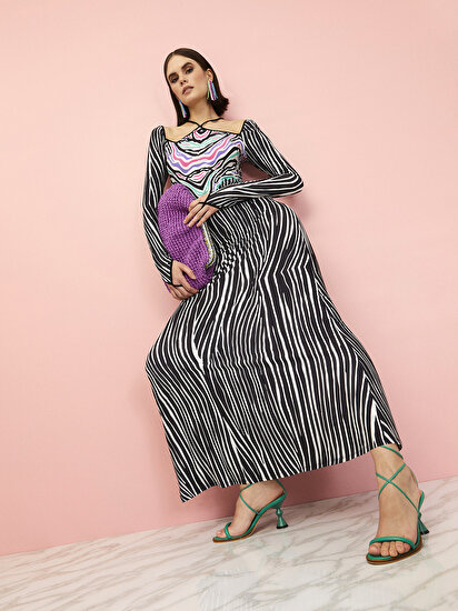 Zebra Desen Uzun Elbise