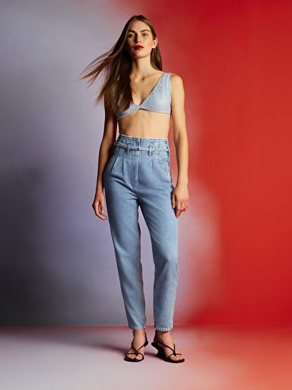 Taş Detaylı Mom Jean Pantolon