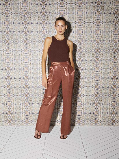 Parlak Bronz Geniş Paça Pantolon