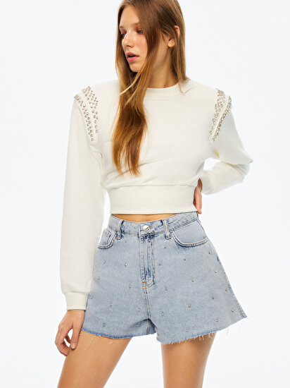 Taş Detaylı Crop Sweatshirt