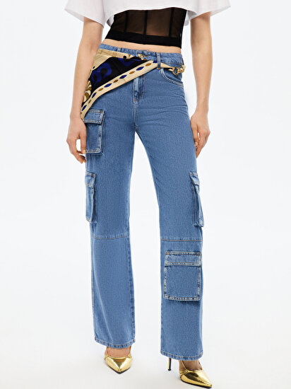 Zincir Fular Kemerli Jean Pantolon