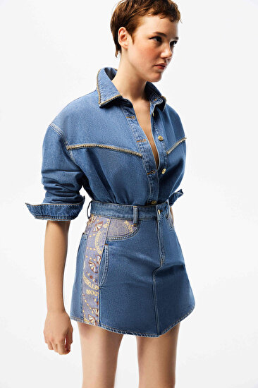 Desen Baskılı Mini Jean Etek