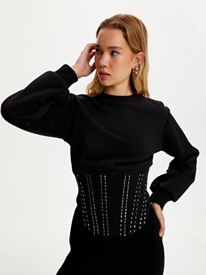 Korseli Taşlı Sweatshirt