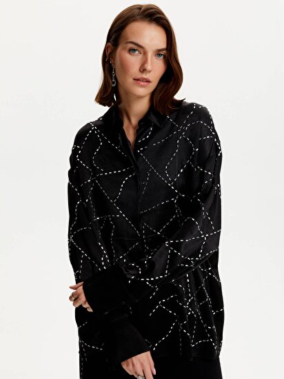 Baget Taşlı Oversize Gömlek