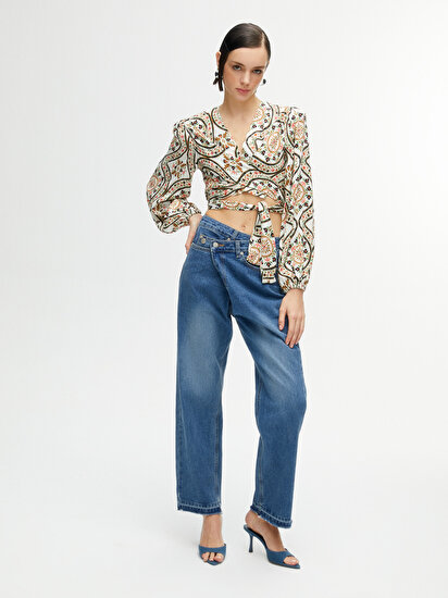 Desenli Kruvaze Crop Top