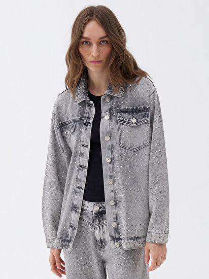 Oversize Taş Tasarımlı Jean Ceket