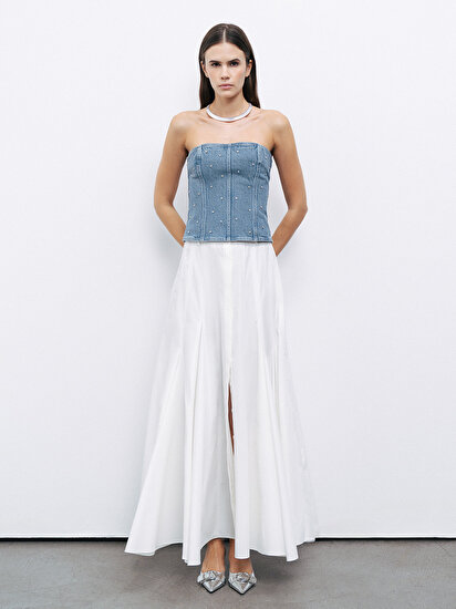 Taşlı Straplez Denim Crop Top