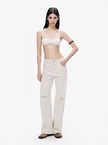 Taş Detaylı Wide Leg Jean Pantolon