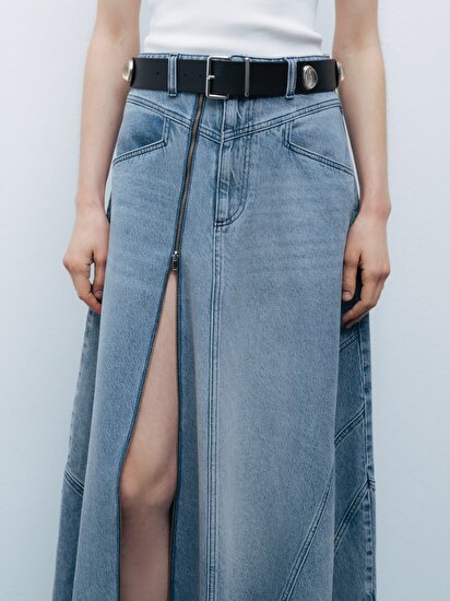 Yırtmaç Detaylı Maxi Denim Etek