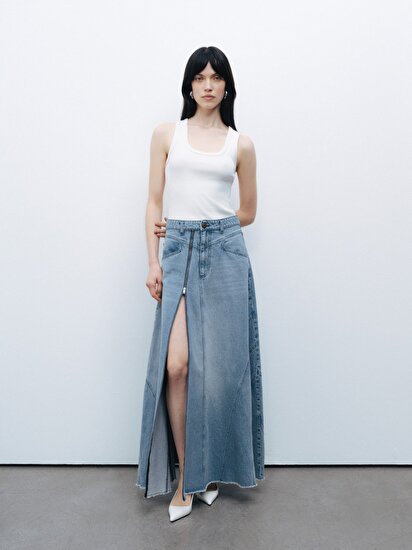Yırtmaç Detaylı Maxi Denim Etek