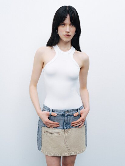 Yıkama Efektli Mini Denim Etek