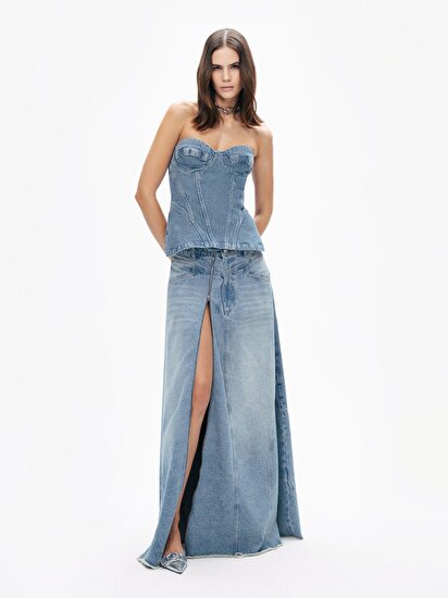 Kalp Yaka Denim Bluz
