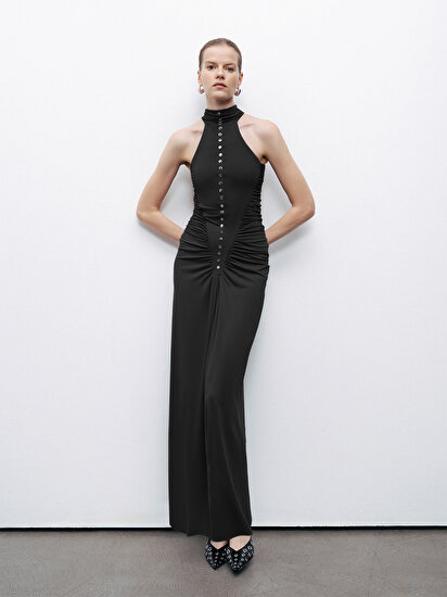 Drape Detaylı Halter Yaka Maxi Elbise
