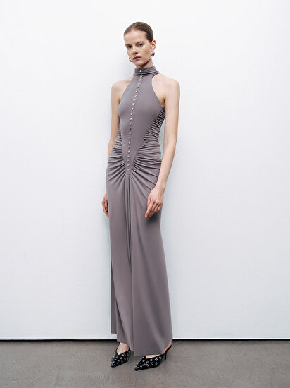 Drape Detaylı Halter Yaka Maxi Elbise