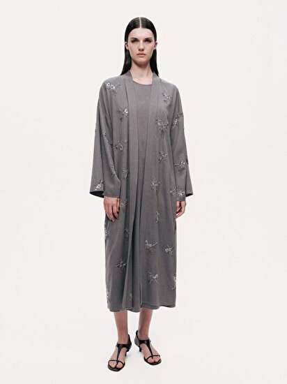 Boncuk Brodeli Kuşaklı Maxi Kimono