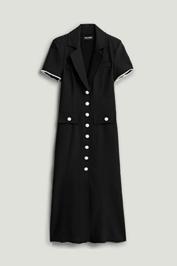 Çiçek Düğme Aksesuarlı Maxi Elbise