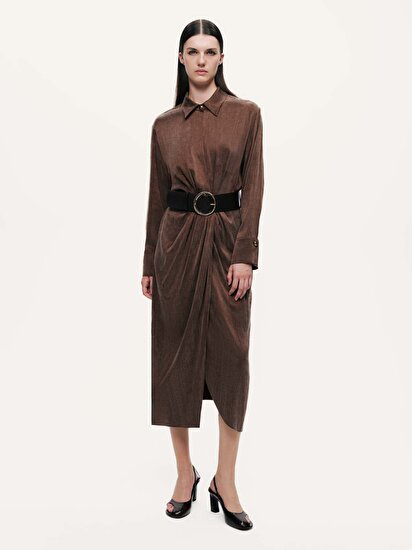 Drape Detaylı Kemerli Maxi Elbise