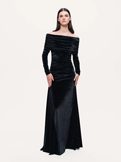 Katlı Düz Yaka Maxi Elbise