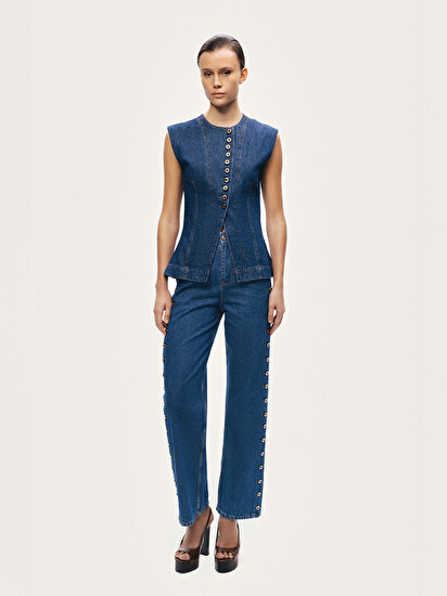 Metal Düğme Detaylı Denim Pantolon