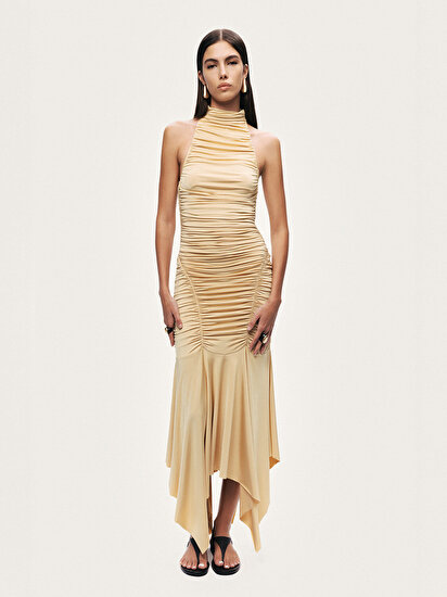 Halter Yaka Drapeli Midi Elbise