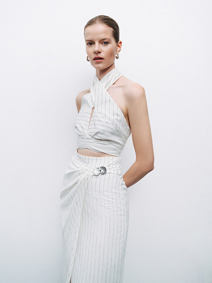 Nocturne Boyundan Bağlamalı Keten Bluz