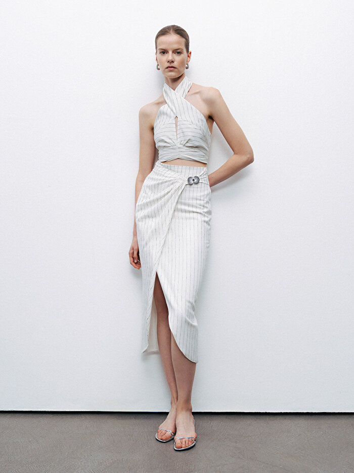 Nocturne Boyundan Bağlamalı Keten Bluz