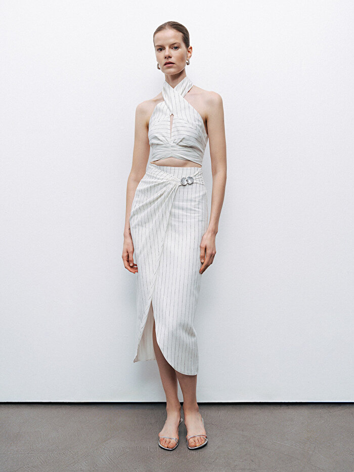 Nocturne Boyundan Bağlamalı Keten Bluz