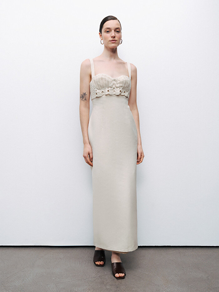 Nocturne Brode Detaylı Keten Maxi Elbise