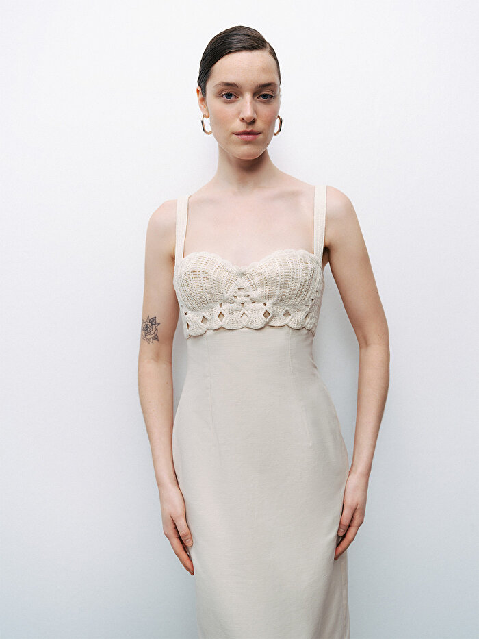 Nocturne Brode Detaylı Keten Maxi Elbise