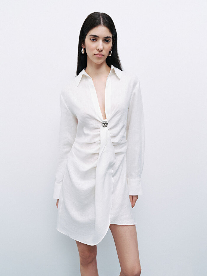 Nocturne Aksesuar Detaylı Keten Mini Elbise