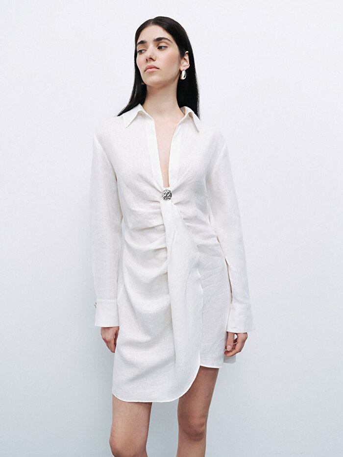 Nocturne Aksesuar Detaylı Keten Mini Elbise