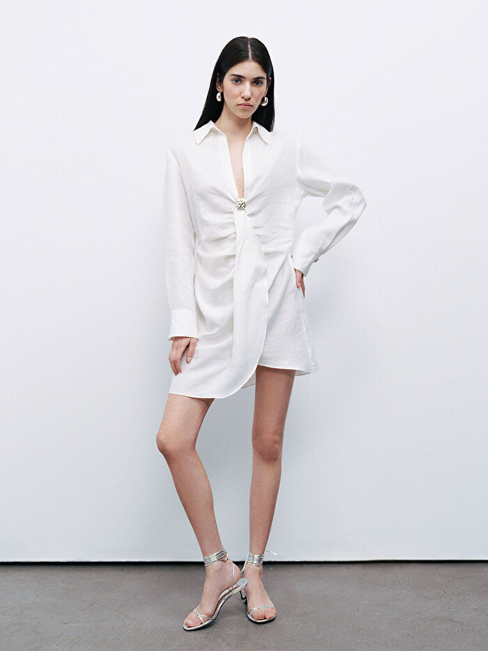 Nocturne Aksesuar Detaylı Keten Mini Elbise