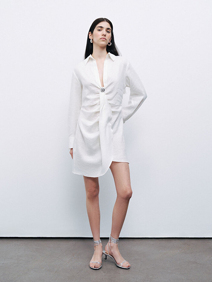 Nocturne Aksesuar Detaylı Keten Mini Elbise