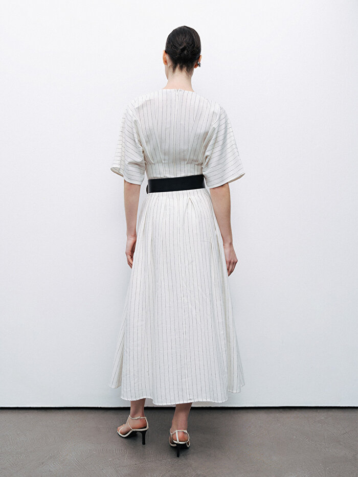 Nocturne Kemerli Keten Midi Elbise