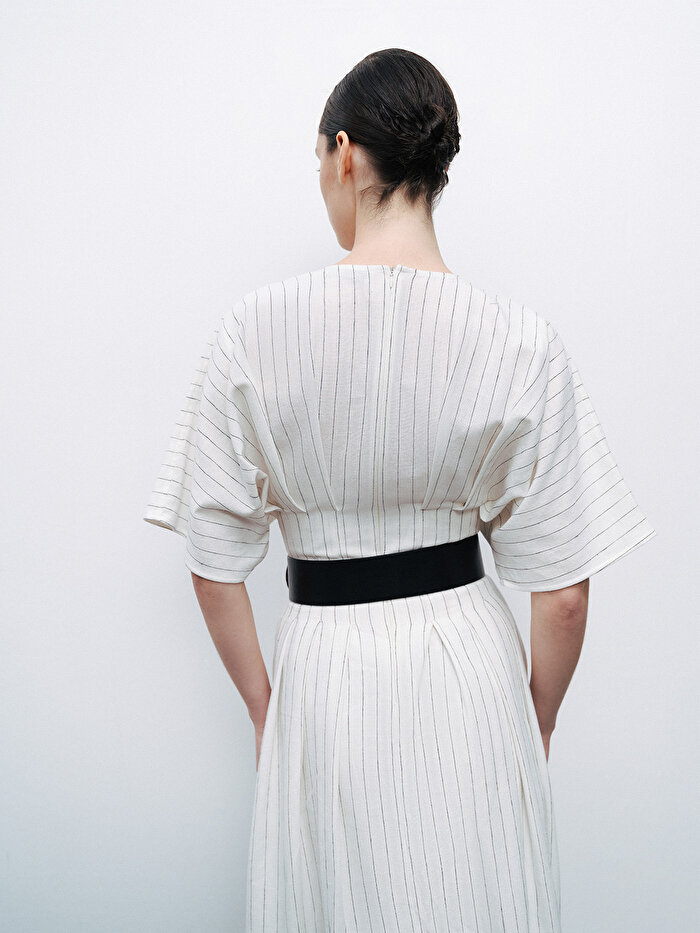 Nocturne Kemerli Keten Midi Elbise