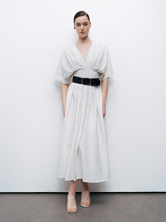 Nocturne Kemerli Keten Midi Elbise