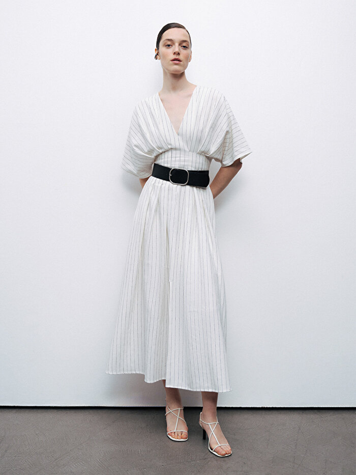 Nocturne Kemerli Keten Midi Elbise