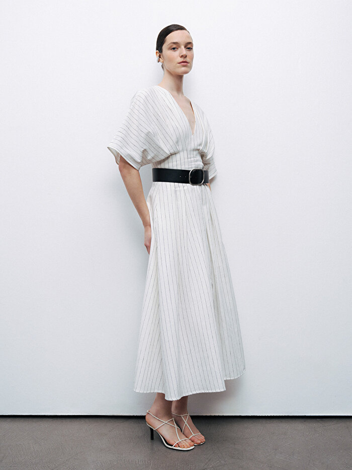 Nocturne Kemerli Keten Midi Elbise