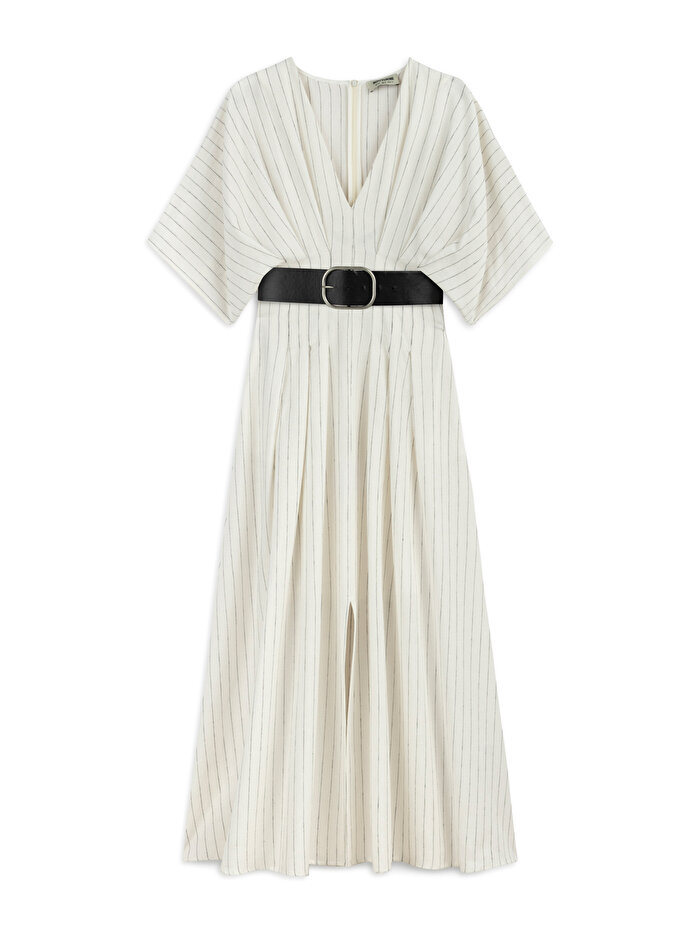 Nocturne Kemerli Keten Midi Elbise