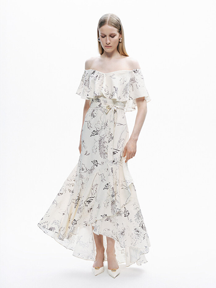 Nocturne Volanlı Desenli Maxi Elbise