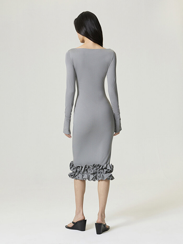Nocturne Fırfır Detaylı Jarse Midi Elbise