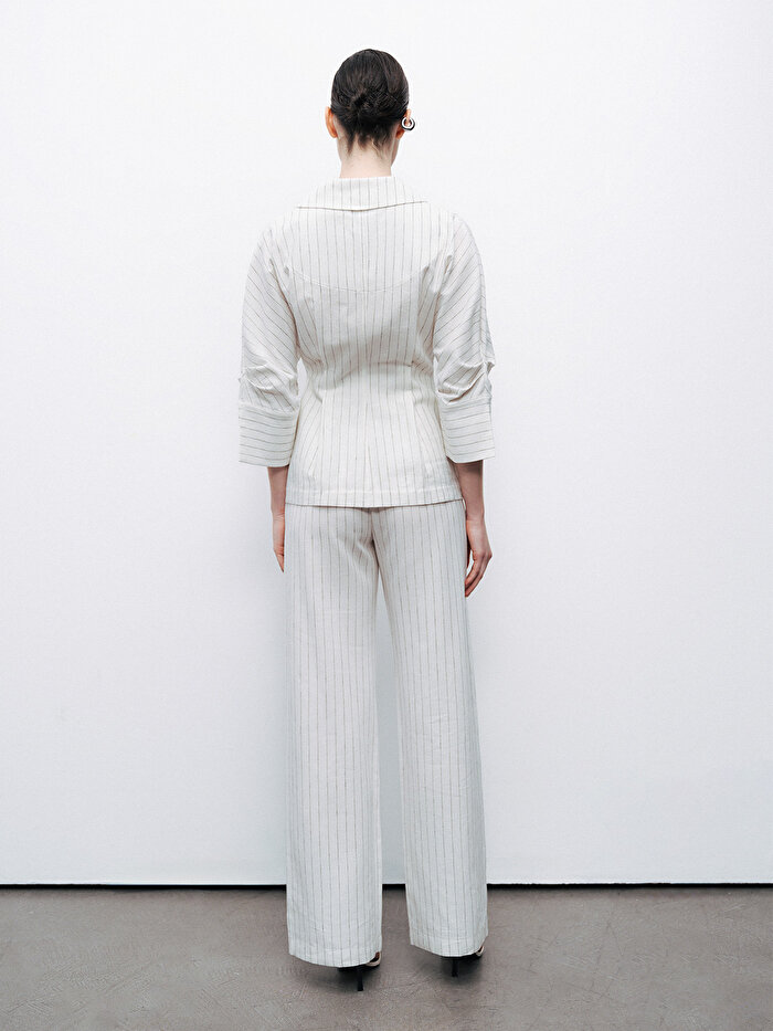 Nocturne Çizgili Yüksek Bel Keten Pantolon