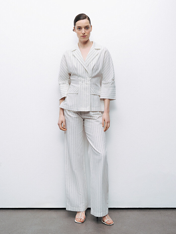 Nocturne Çizgili Yüksek Bel Keten Pantolon